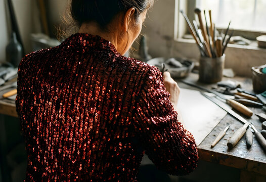 Artisan craftsmanship and creative work, woman in sequin jacket working on intricate details in a workshop studio