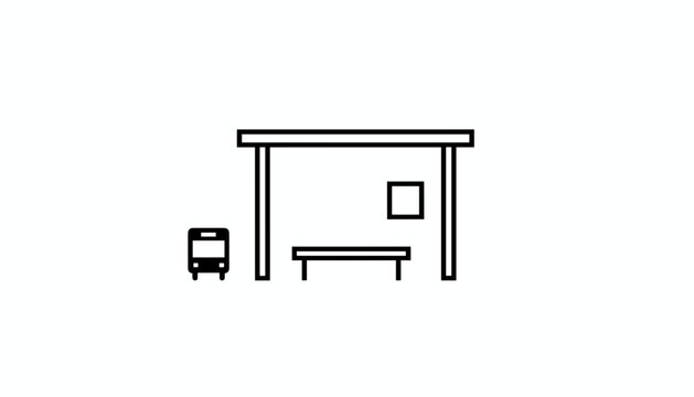 Minimalist black line icon representing a public bus stop shelter and bench, isolated on a plain white background.