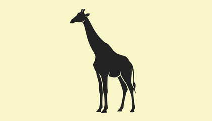 Fototapeta premium Black silhouette of a giraffe standing gracefully against a soft pale yellow background representing African wildlife and nature.