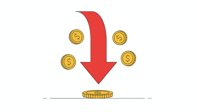 Financial decline chart illustration showing a red downward arrow and floating gold dollar coins on white background.