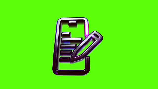 Shiny 3d metallic icon of a document with a pencil for writing and editing tasks on a bright green background