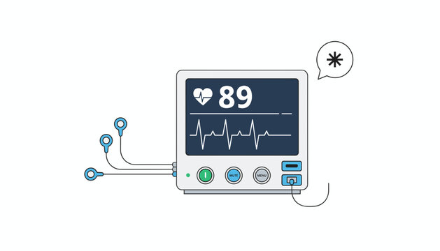 Flat design vector illustration of an intensive care unit heart rate monitor displaying pulse of eighty-nine.