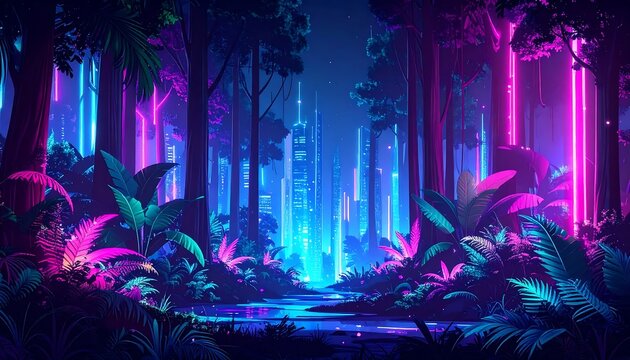 Vibrant purple and green neon cyberpunk cityscape at night.