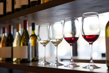 Naklejka premium Wine tasting experience with red and white wines, selection of bottles on a wooden shelf in a restaurant or bar