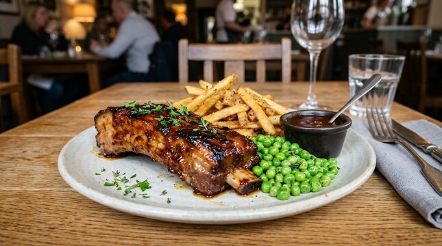 Cooked pork belly rib served on a plate with fries green peas and dipping sauce pork belly rib cooked meat plate fries french fries green peas peas sauce dipping sauce meal food dinner lunch dish