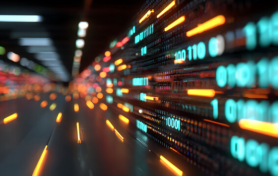 Abstract binary code data stream tunnel with glowing digital numbers
