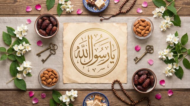 Ya Rasulallah Arabic calligraphy background with dates nuts jasmine and rustic wood flat lay
