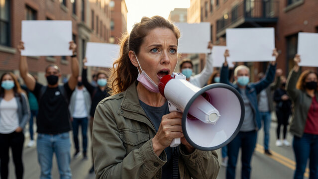 Determined female activist speaking into megaphone at urban protest, social awareness and community movement