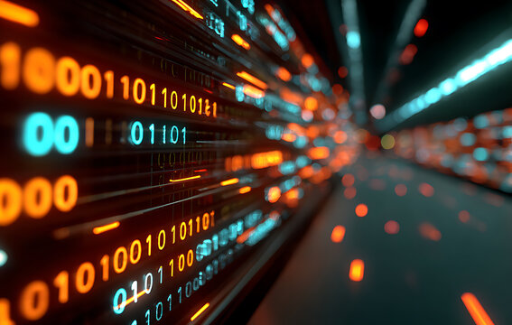 Abstract binary code data stream tunnel with glowing digital numbers