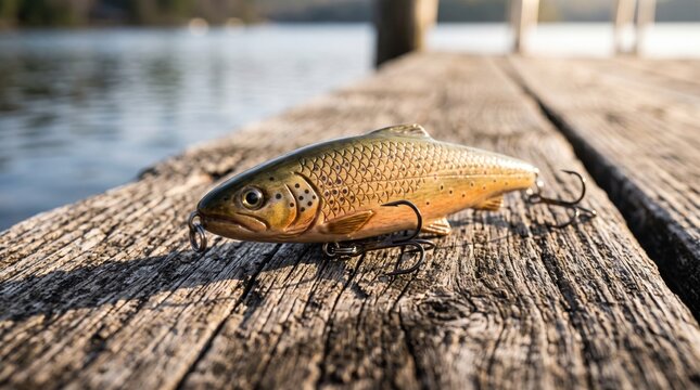 Realistic fishing lure shaped like a small trout resting on a weathered wooden dock.