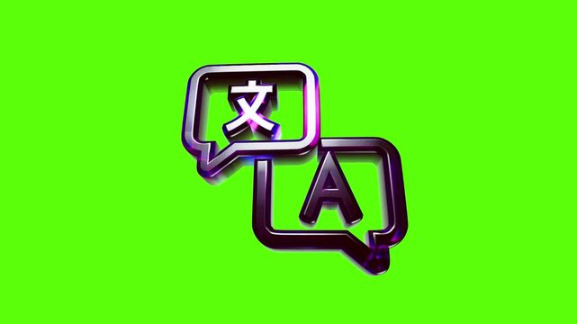 Shiny 3d translation icon with speech bubbles and language symbols on a vibrant green background