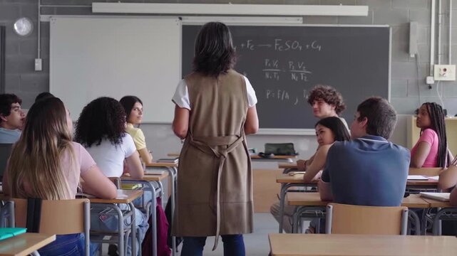 High school students concentrated during exam with teacher watching them, walking around. Footage with copy space.