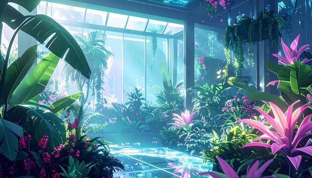 Tropical greenhouse interior with vibrant exotic plants.