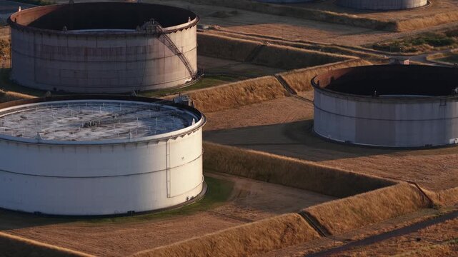 Aerial view of industrial oil storage tanks