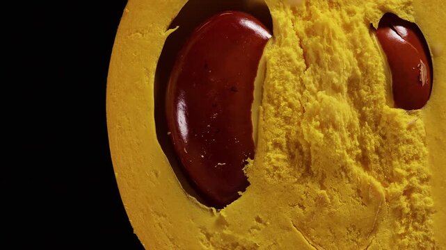 Canistel Fruit Cross Section Revealing Glossy Brown Seeds and Golden Flesh, Isolated on Black Background, Showing Fresh Tropical Food Texture