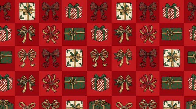 Nostalgic festive repeat print showcasing wrapped presents and decorative ribbons in a checkered grid on a bold colored field nostalgic festive repeat print wrapped present decorative ribbon