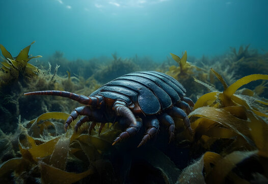 Underwater marine life and ocean biodiversity, giant isopod crustacean on seaweed in deep sea environment