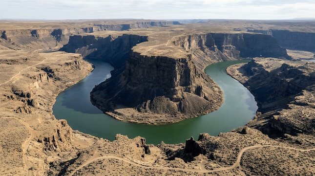 Majestic curved waterway looping around massive basalt cliffs and dry desert canyon terrain river bend landscape confluence waterway water canyon cliffs cliffs valley gorge mountains hills scenic