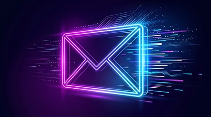 Fototapeta premium Glowing neon email envelope with high speed light trails representing fast digital message transmission