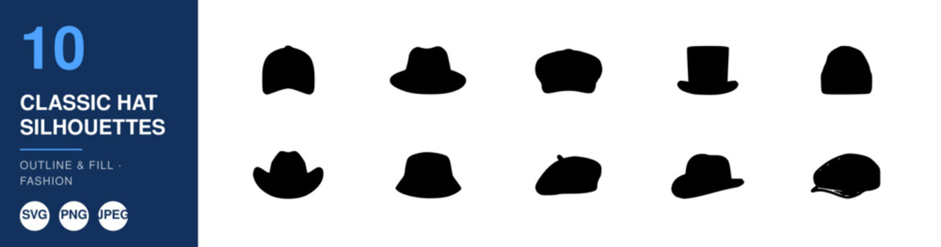 Classic Hat Silhouettes Set, Iconic Headwear Designs, Fashion Illustration, Vector Icons, Design Elements. with Outline