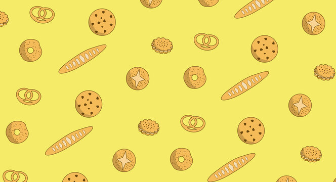 Delicious bakery products seamless pattern with chocolate chip cookies baguette and pretzels on yellow background vector illustration