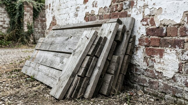 Weathered timber boards stacked vertically against a rustic brick partition with flaking white wash plaster wood pallet plank wall paint peeling cracked texture background rustic industrial warehouse