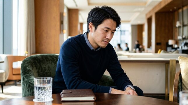 Thoughtful Asian man sitting with slouched posture in lounge. Tired male resting in armchair with notebook and water glass on table. Contemplation and fatigue concept