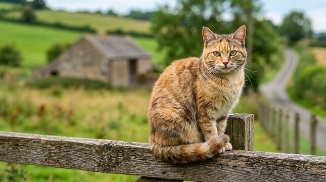 Orange tabby cat sitting on a rustic wooden fence. Feline portrait with blurred barn and green fields in the background. Rural countryside farm setting