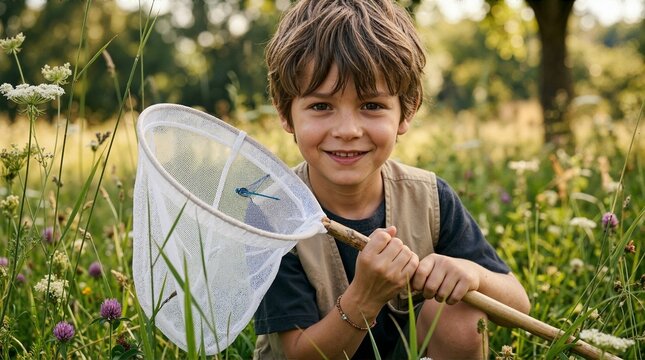 Smiling young boy holding a bug net with a blue dragonfly inside. Child exploring nature in a grassy meadow with wildflowers. Summer outdoor educational activity