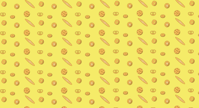 Cute bakery seamless pattern with cookies bread baguette pretzel and donut illustration on yellow background