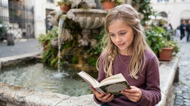 Young girl reading a book by a stone city fountain. Child enjoying literature outdoors in a historic urban square