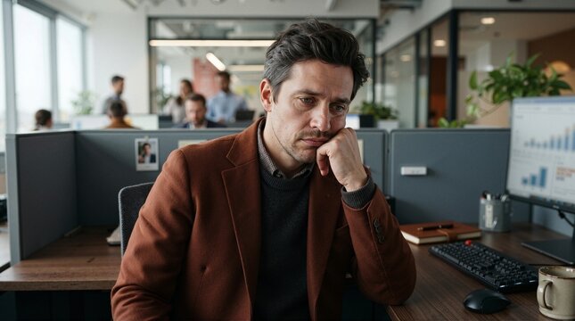 Tired businessman sitting at office cubicle. Exhausted male employee resting chin on hand at workplace