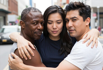 Fototapeta premium Diversity and inclusion in relationships, multi-ethnic group of three people embracing outdoors in an urban setting