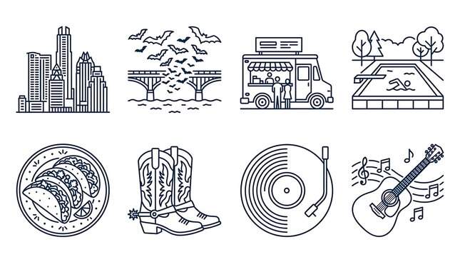 Collection of line art icons representing Austin Texas with skyline, bridge, food truck, swimming pool, tacos, cowboy boots, vinyl record and guitar for travel or culture themes.