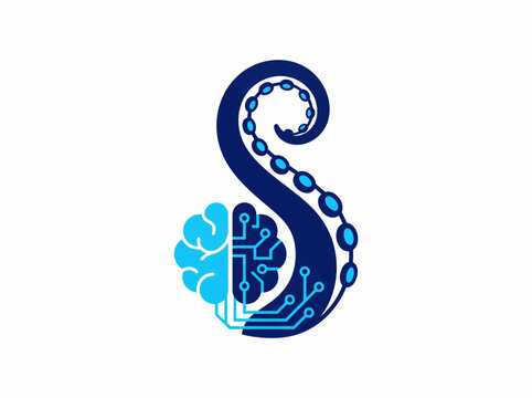 Letter S logo with octopus tentacle and digital brain circuit design