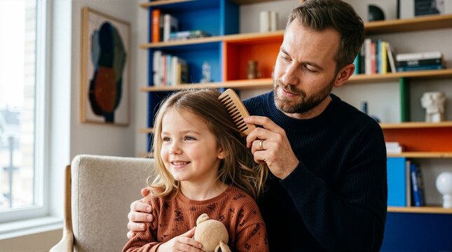Caucasian father combing his young daughter's hair with a wooden comb. Happy single dad grooming his smiling little girl at home