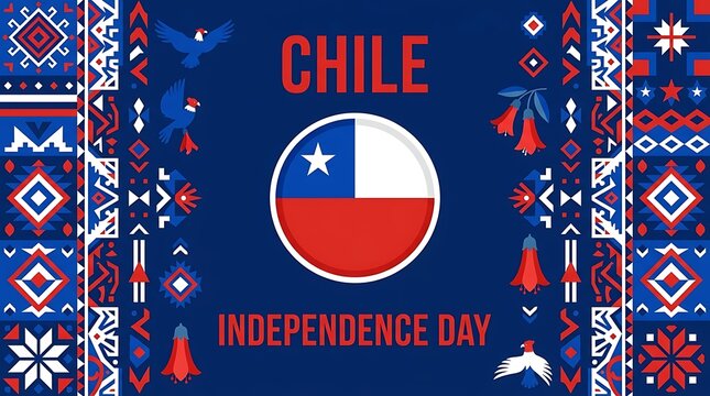 Chile independence day celebration graphic with national flag symbol, andean inspired patterns, and native flora and fauna on a deep blue background