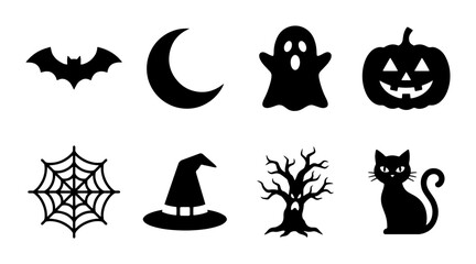 Fototapeta premium Halloween Icons Set: Bat, Moon, Ghost, Pumpkin, Spiderweb, Hat, Tree, Cat Silhouettes
