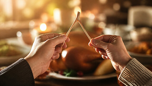 Two people pull a wishbone over roasted turkey during festive Thanksgiving dinner