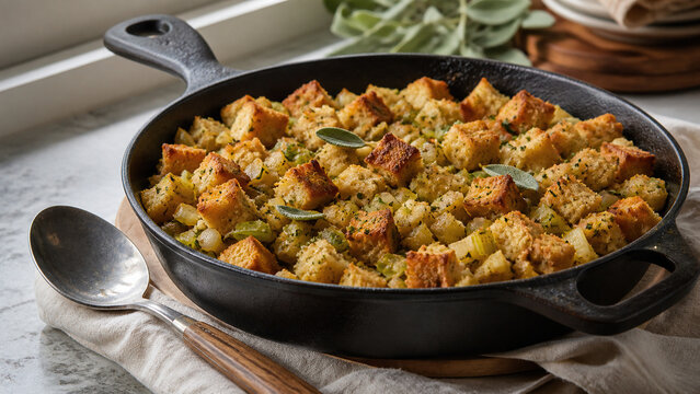 Homemade Thanksgiving bread stuffing with sage baked in a rustic cast iron skillet