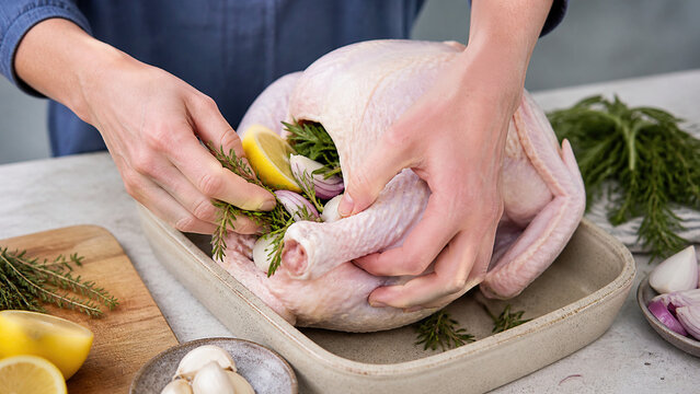 Hands stuffing raw Thanksgiving turkey with lemon, red onion, garlic and rosemary in roasting pan