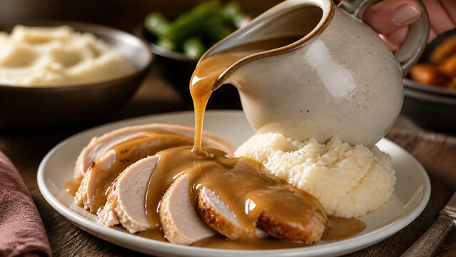 Traditional Thanksgiving turkey dinner with gravy poured over mashed potatoes and sliced breast