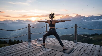 Fototapeta premium Woman practicing yoga in warrior pose on mountain deck at sunrise