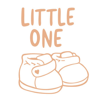 Cute vector sticker of tiny baby booties with a heart detail and Little One lettering, celebrating baby showers, newborns, pregnancy, parenthood and sweet family moments.
