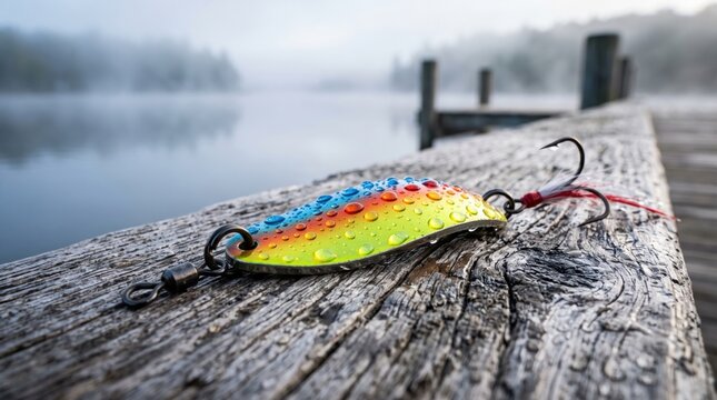 Colorful fishing lure resting on a weathered wooden dock at sunrise.