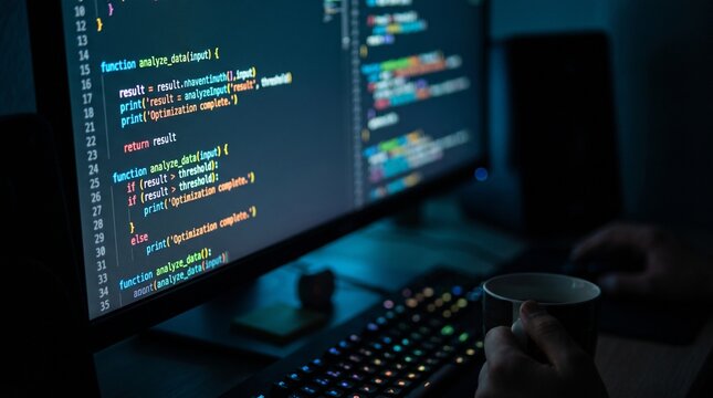 Software programming code on computer screen in dark room, web developer workspace with colorful script, professional coder working at night