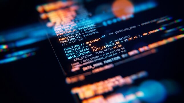 Abstract computer programming code on screen, software development background with blue and orange light, digital data stream and coding script