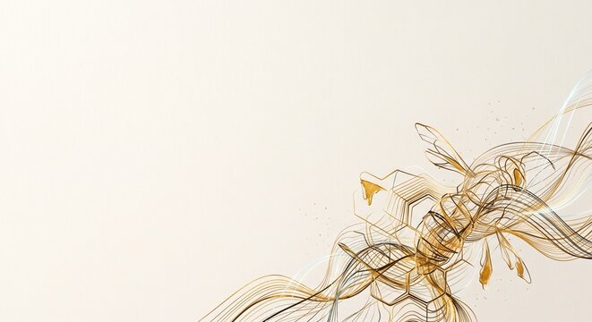 Abstract continuous line art of a bee and honeycomb made of flowing metallic gold wires