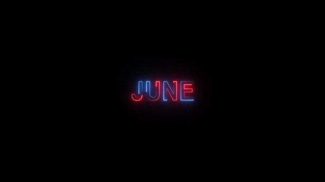 Neon june text animation, glowing red and blue typography motion for calendar, monthly event, or summer seasonal promotion