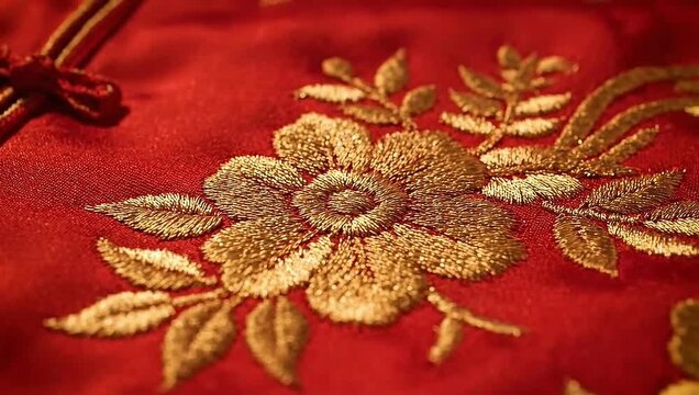 Close-up macro of intricate gold floral embroidery on luxury red silk fabric, showing detailed metallic thread patterns and textile texture of a traditional Chinese festive garment.